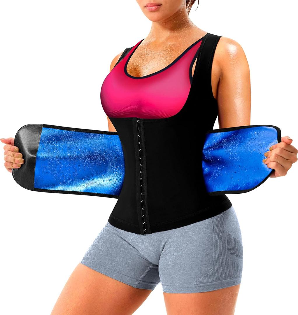 QZSH Sauna Suit for Women Slimming Shirt Sweat Vest Heat Trapping Tank Top Workout Shaperwear,Adjust Belt,Breathable Armpit (X-Large, Blue Lining-03)