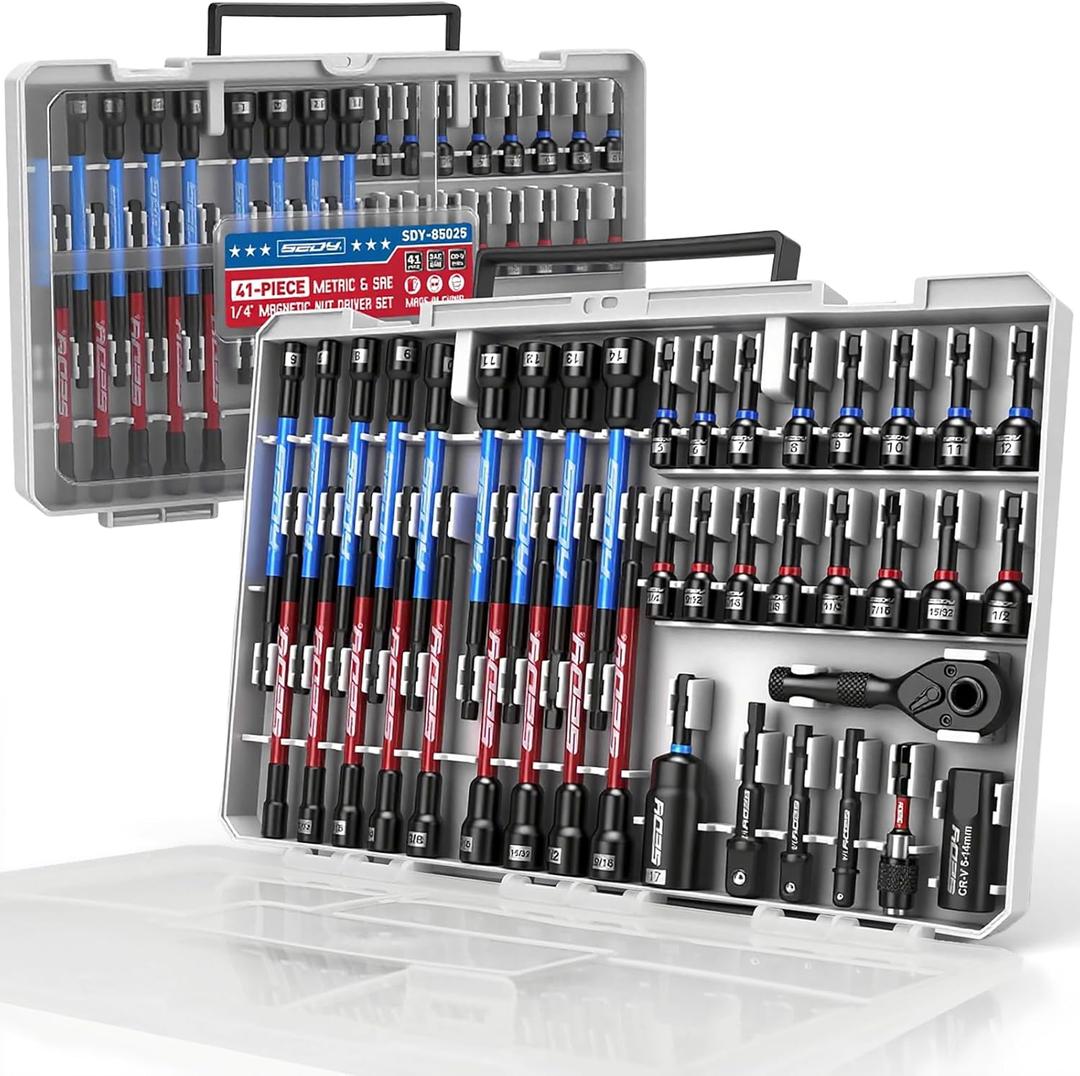 41-Piece Premium 1/4" Drive Magnetic Impact Nut Driver Set Metric & SAE Standard & Deep with Socket Adapters, 2-in-1 Ratchet Wrench, Wing Nut Driver, Universal Sockets, Quick Release Bit Holder