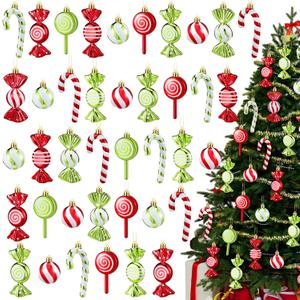 Liliful 30 Pcs Christmas Candy Cane Lollipop Ornaments Set Plastic Holiday Peppermint Candy Home Hanging Ornament Lollipop with Rope for Xmas New Year Party Decor (Red Green White)