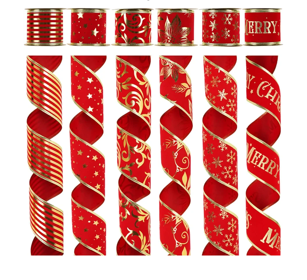 MEEDEE Red Velvet Wired Ribbon - 2.5 Inch, 6 Rolls, 36 Yards - Ribbon Set for Christmas Trees