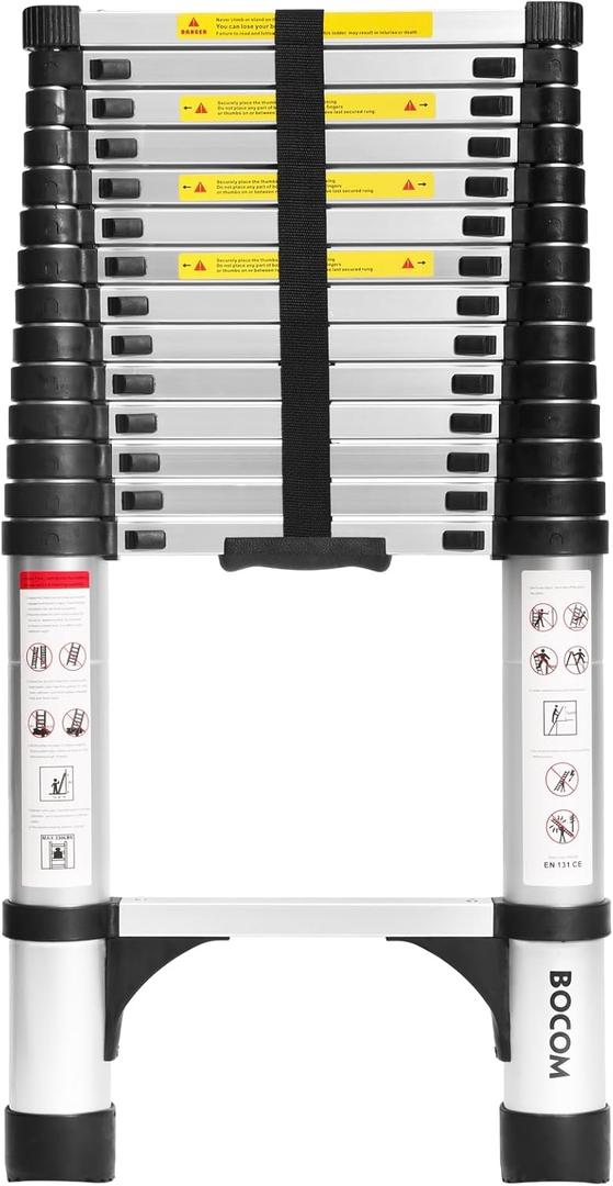 BOCOM 14.5 FT Aluminum Telescoping Ladder, Lightweight Multi-Purpose Collapsible Extension with 2 Triangle Stabilizers, Heavy Duty 330 lbs Max Capacity, Ideal for Home, RV, and Outdoor Work Silver