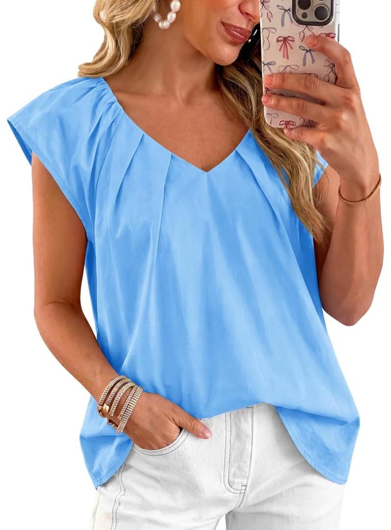 Tankaneo Womens Cap Ruffle Sleeve Tops V Neck Pleated Cotton Blouses | Loose Fit, Summer Dressy Casual, Cotton Shirts