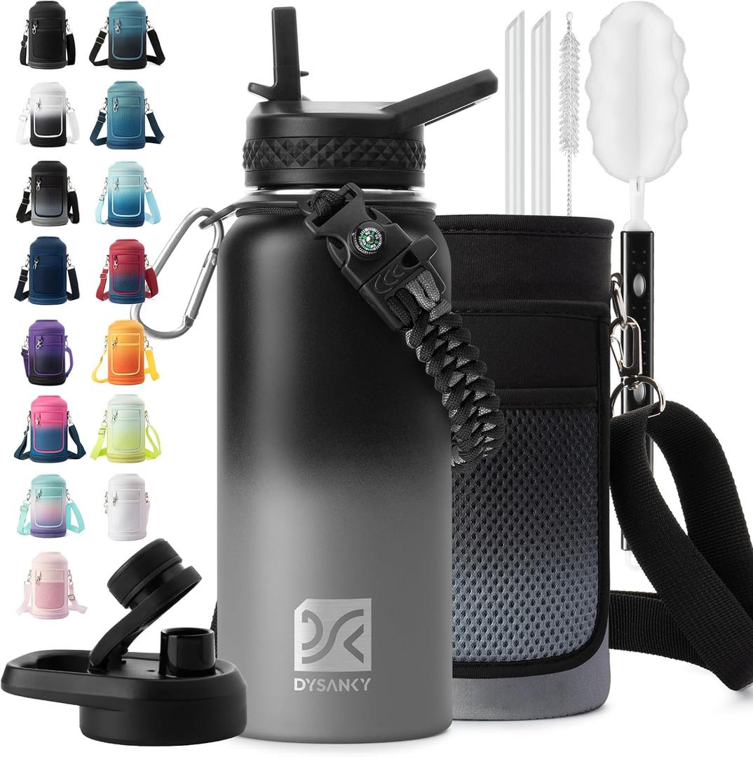 Insulated Water Bottle | Thickened Stainless Steel Vacuum Metal | Portable Sports Water Jug for Gym and Hiking with Straw, Carrier Bag, Handle Strap | BPA-Free 32 oz (Black/Gray)