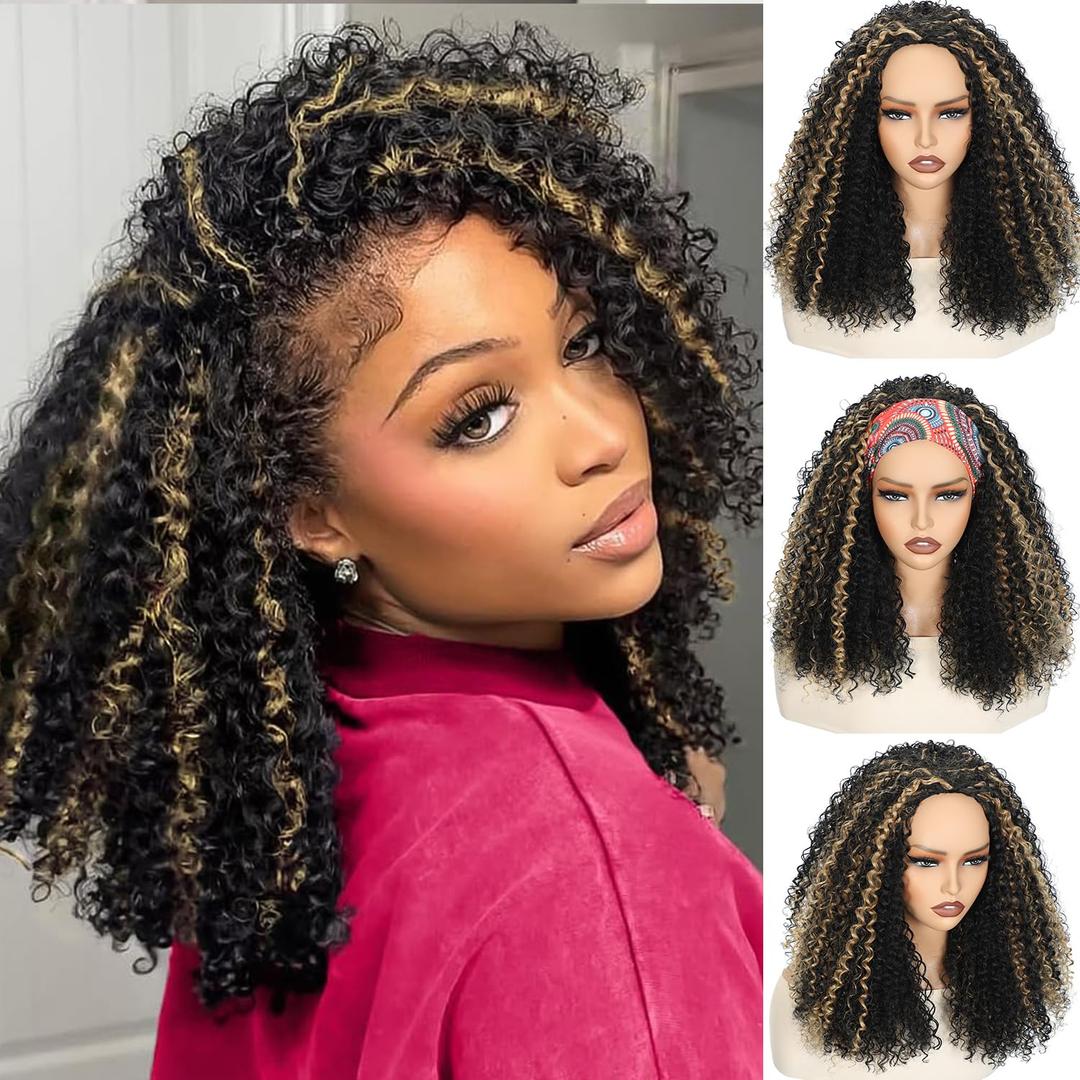20 Inch Kinky Curly Half Wig, 3-in-1 Upgrade Synthetic Half Wig with Drawstring, 210% Density Seamless Clip-In & Flip-Over Headband Wig for Women, Wear and Go Beginner Friendly1B/27