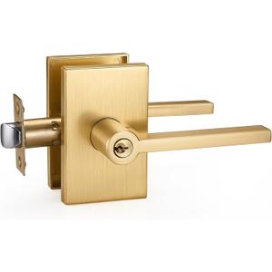Satin Brass Entry Lever Door Handle Lock Set  Keyed Lock with 3 Keys for Front Door, Bedroom & Office, Reversible for Left & Right-Handed Doors, Heavy Duty, Quick DIY Installation