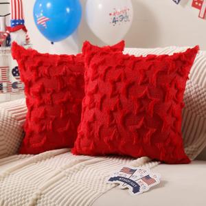 DFXSZ 4th of July Pillow Covers 18x18 inch Set of 2 4th of July Decor Red Stars Decoration Red Soft Plush Faux Fur Jacquard Throw Pillows Independence Day Decorations for Home Sofa