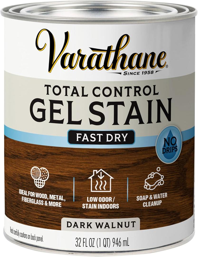Varathane Total Control Gel Stain | Low Odor Water-Based Formula | Thick Gel Formula for Vertical Surfaces | Ideal for Wood, Metal & Fiberglass | Quart | Dark Walnut (Quart (Pack of 1))