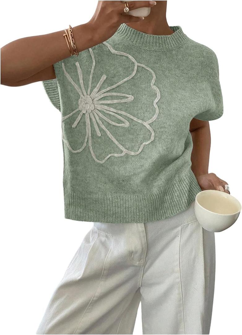 SOLY HUX Women's Short Sleeve Sweater 3D Floral Sweaters Pullover Tank Tops Knit Vest Trendy Fashion Clothing (Green, L)