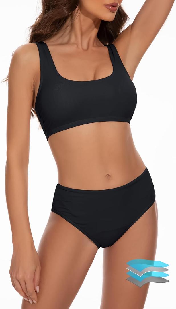Beautikini Period Swimwear Two Piece Menstrual Leakproof Sporty Bikini Sets Bathing Suit Period Swimsuit for Teen Girls (Medium, Black)
