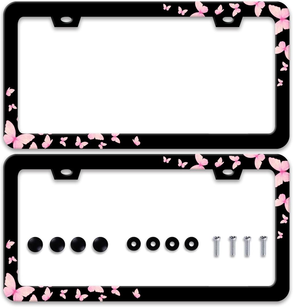 2pcs Pink Butterflies License Plate Frame Beautiful Butterfly License Plate Frames Stainless Steel Accessories Cars Decor with 2 Holes and Screws Fits Standard Us Ca Vehicles Size 12.2 X 6 Inches