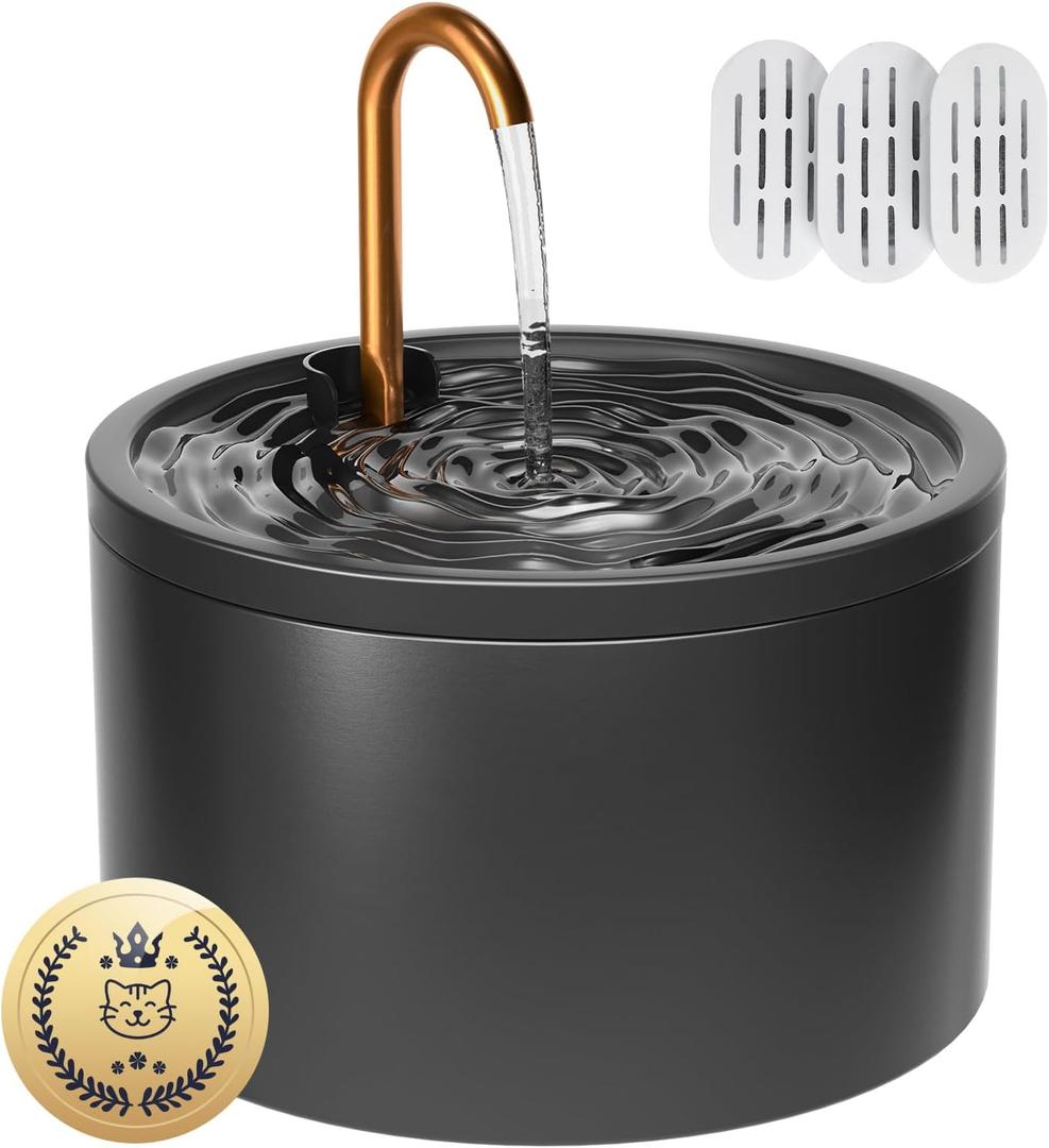 MISFANS Ceramic Cat Water Fountain - 2.1L/71oz - All-Ceramic Body & Pure Copper Water Spout - Non-Toxic - Automatic Pet Drinking Fountain Indoor with Ultra-Quiet Pump, and 3Pcs Filter & Sponge (Black)