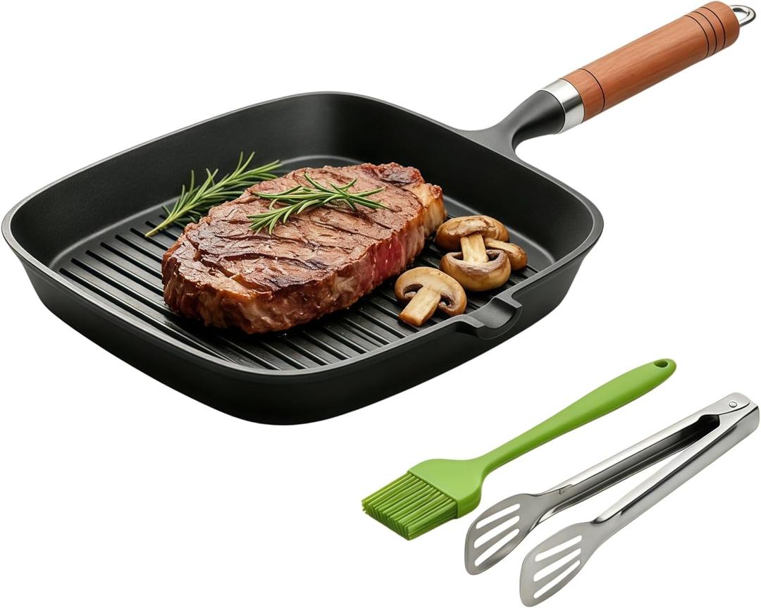 Cast Iron Grill Pan, 9 Inch Griddle Pan with Kitchen Tong & Oil Brush, Gilling Skillet with Pour Spout & Grill Lines for Searing Steak, Stove Tops Gas Induction Campfire Compatible, PFOA Free