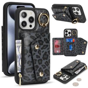 for iPhone 13 Pro Max/iPhone 12 Pro Max Case Wallet with Card Holder - Zipper Pocket,Card Slots,RFID Blocking,Stand Ring,PU Leather Double Snap Cover for Women(Black Leopard,6.7 Inch) (iPhone 13 Pro Max / 12 Pro Max 6.7")