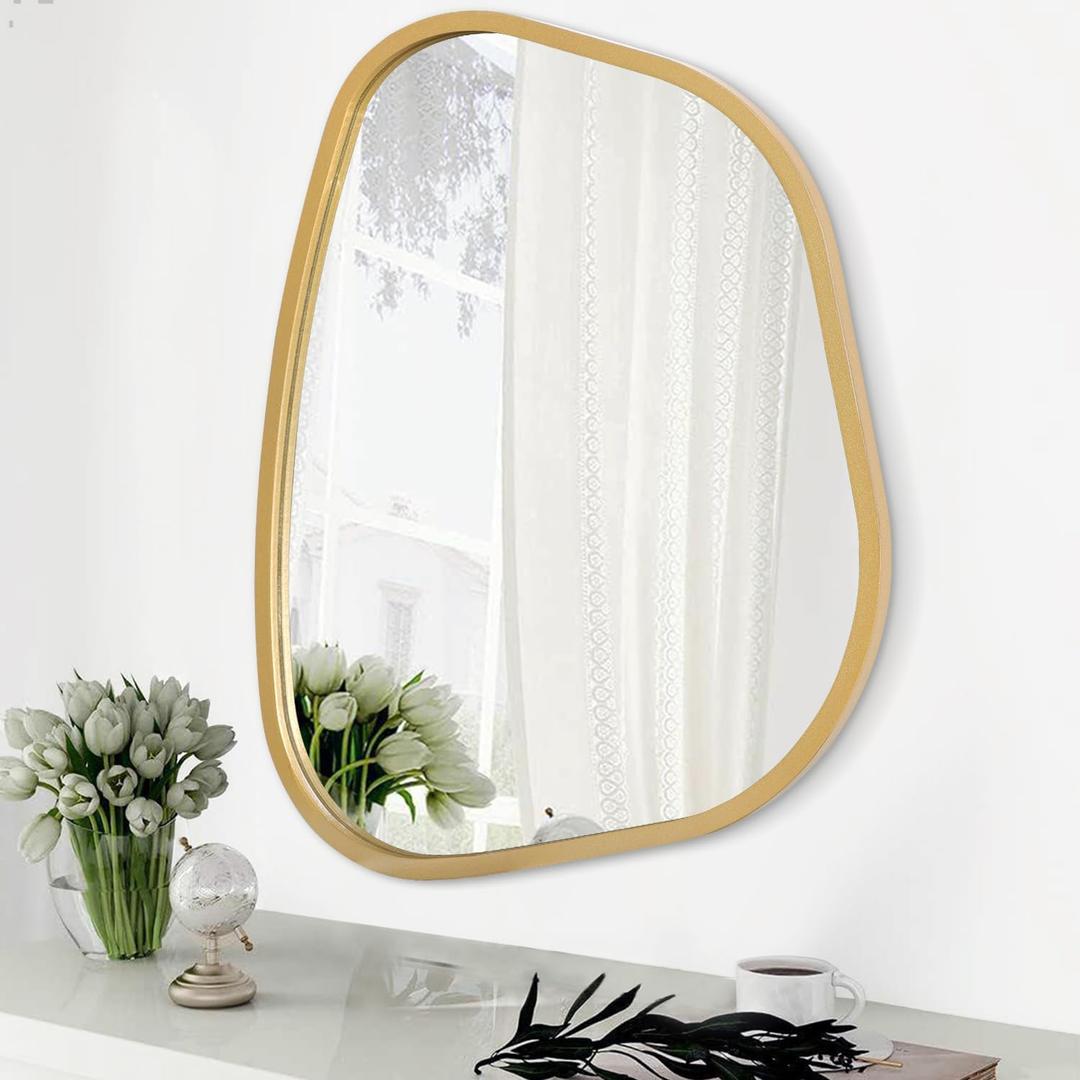 Large Asymmetrical Wall Mirror Irregular Wood Frame Modern Unique Wall-Mounted Artistic Wavy Mirror Decor Bathroom Vanity Bedroom Living Room Entryway Hallway 26"x18" (Gold)