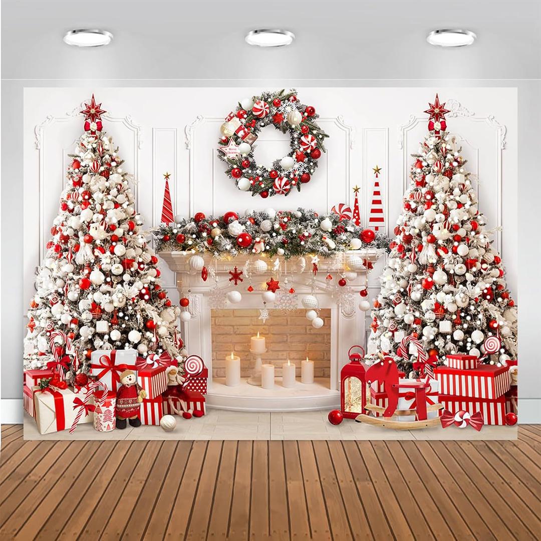 Mocsicka Christmas Fireplace Backdrop White Red Christmas Tree Photography Background Winter Christmas Family Kids Holiday Party Banner Decorations Photo Booth Props (Red, 7x5ft(82''x60''))