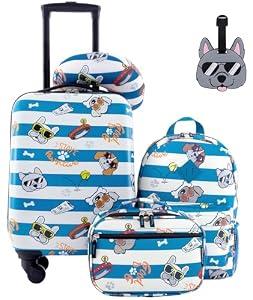 Travelers Club 5 Piece Kids' Luggage Set, Cool Dog ( 18" Hardside Carry-on Luggage, 15" Backpack, 10" Lunch Bag, Neck Pillow, Luggage Tag)