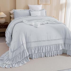 Masaca Oversized King Comforter 128x120,3 Pieces Vintage Farmhouse Ruffled Bedding Comforter Set Lightweight Ultra Soft French Country Bedding (1 Light Blue Ruffle Comforter +2 Pillowcases), Oversized King Plus 128x120