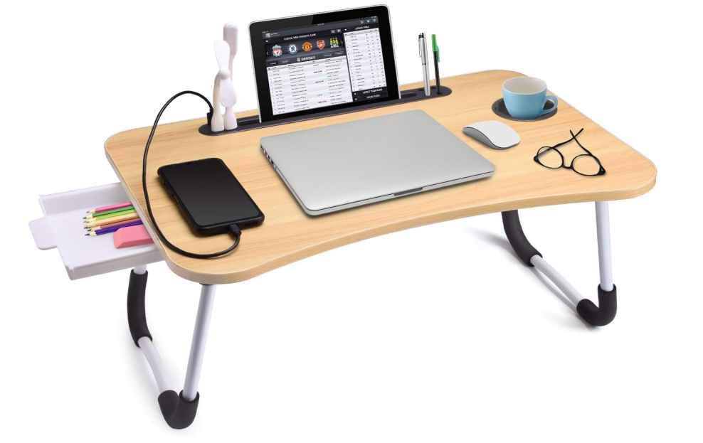 Slendor Lap Desk with Tablet Slot, Foldable Laptop Table with Storage Drawer for Bed，Portable Bed Desk for Laptop, Computer Tray with Cup Holder Notebook Stand Reading Holder for Couch Floor, Walnut, Brown 