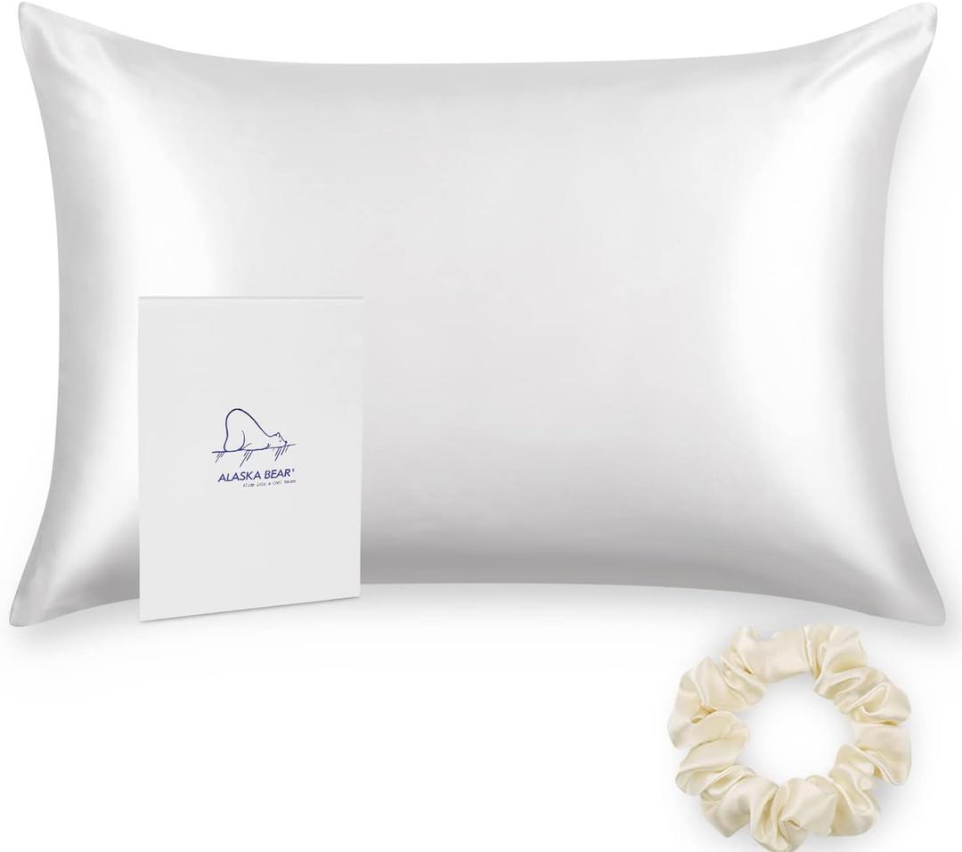 ALASKA BEAR Silk Pillowcase for Hair and Skin, 100% Mulberry Silk Pillow Cases Standard Size for Bliss Sleep with Random Color Scrunchy Gift Set Better Than Poly Satin, Zipper Closure, 1pc, Cool White (Standard 20''x26'')