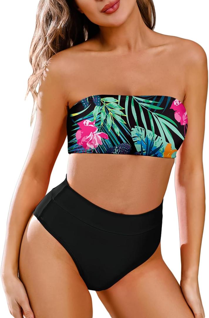 Pink Queen Women's Removable Strap Wrap Pad Cheeky High Waist Bikini Set Swimsuit (X-Large, 02 - Floral Black)