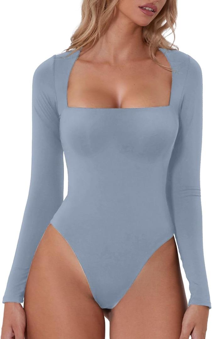 QINSEN Women's Sexy Square Neck Bodysuit Long Sleeve Double Lined Shirt Tops (Medium, County Blue)