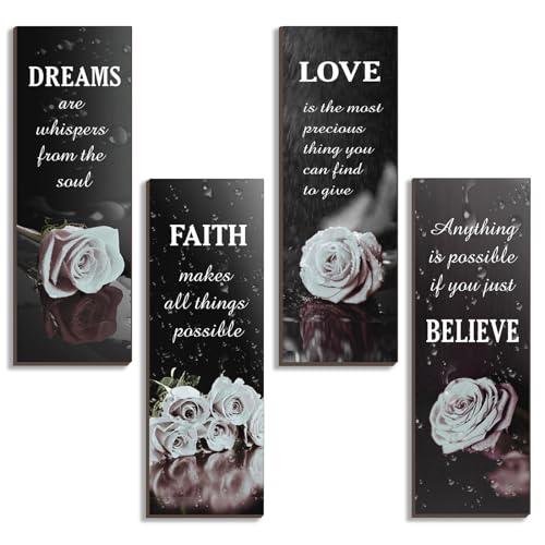 DONFENTHY 4 Pcs Black And White Bathroom Decor Grey White Rose Wooden Wall Decor Inspirational Farmhouse Signs Black White Decor For Women Office Bedroom Home Living Room Gift(White 12x4Inch)