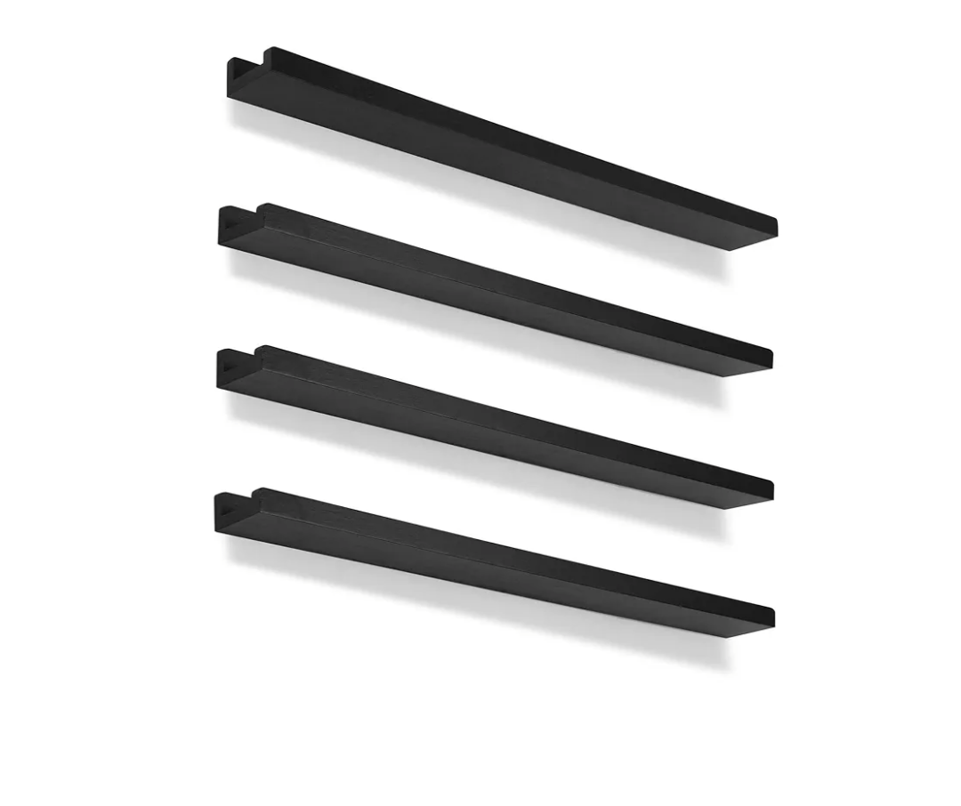 Picture Shelves for Wall,Long Floating Ledge Set of 4,Narrow Large Wood Rustic Photo Frames Vinyl Record Storage Display Nursery Kids Bookshelf Decor for Living Room Bedroom Kitchen,36'',Black
