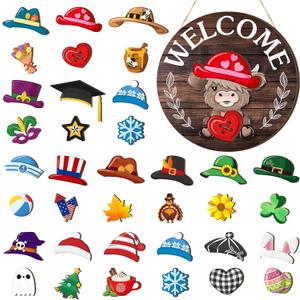 35 Pcs Holiday Interchangeable Highland Cow Welcome Sign Highland Cow Seasonal Wooden Hanging Door Decor Valentines Farmhouse Hanging Sign for Front Door Winter Party Decoration Gift (Colorful)