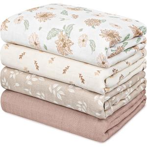 GLLQUEN BABY Muslin Swaddle Blankets 4-Pack Breathable Receiving Blankets (35" x 40") Soft Baby Blankets for Girls and Boys Newborn Essentials Muslin Burp Cloths Swaddle Wrap Baby Gift(Sunflower)