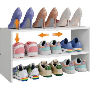 X-cosrack 2-Tier Shoe Rack Organizer for Closet, Expandable and Adjustable White Shoe Rack, Stackable Iron Wood Combination Shoe Storage Shelves for Closets, Entryway, Small Space, Hallway, Garage