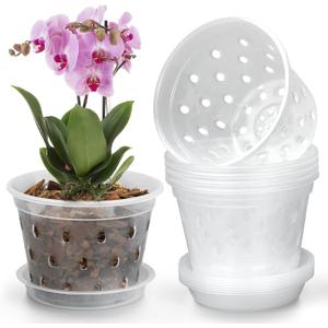Orchid Pot, 8 Pack 5 Inch Orchid Pots with Holes and Saucers, Clear Plastic Flower Plant Pot for Indoor Outdoor Plants, Slotted Orchids Planter(5Inch)