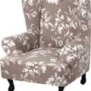 Floral Printed Fleece Wingback Chair Slipcover - 1-Piece Super Stretch Wing Chair Cover, Elastic Bottom for Easy Fit, Modern Style Furniture Protector (Taupe)