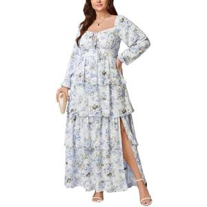 EYWOL Womens Plus Size Floral Tiered Ruffle Long Sleeve Evening Party Wedding Guest Dress, size XL 
