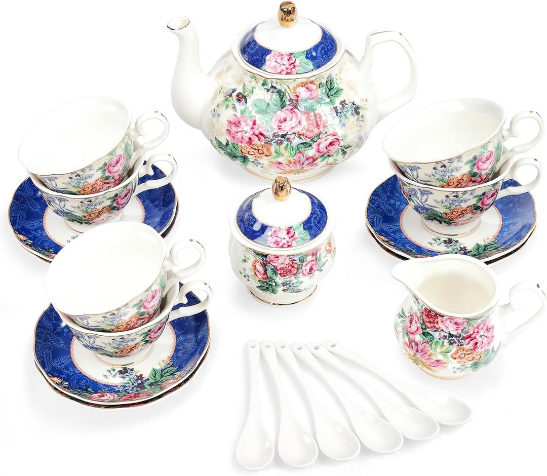 fanquare 21-Piece Blue Lace Porcelain Tea Set, China Coffee Cup and Saucer Set for 6, Pink Flower Tea Sets for Adults Women
