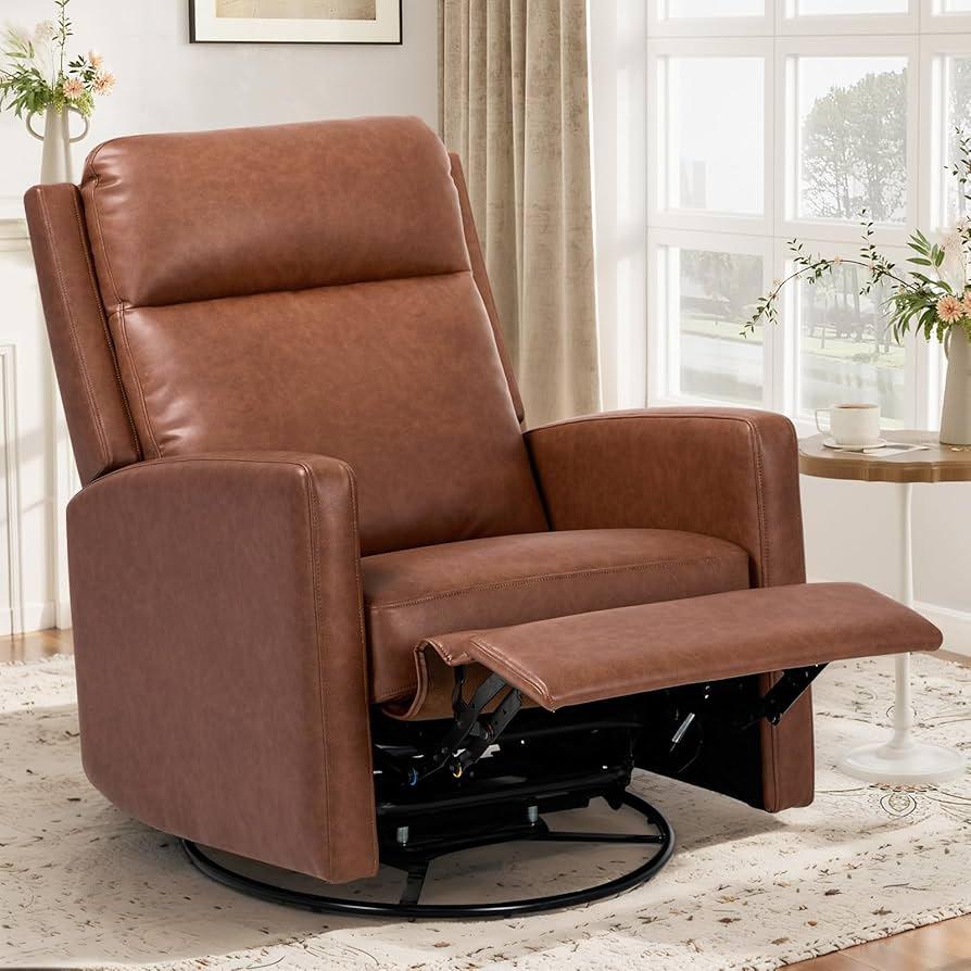 COLAMY Leather Recliner Chair for Adults, Swivel Rocker Recliner for Small Spaces, Wide Glider Rocking Nursery Chair with Ergonomic High Backrest, for Home Living Room, Office, Bedroom（Cocoa）