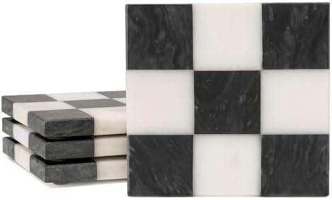 Checkered Marble Coasters – Set of 3 Aesthetic Black and White Stone Drink Coasters for Table, Kitchen Accessories, Checkered Home Decor and Modern Checkered Decor for Home