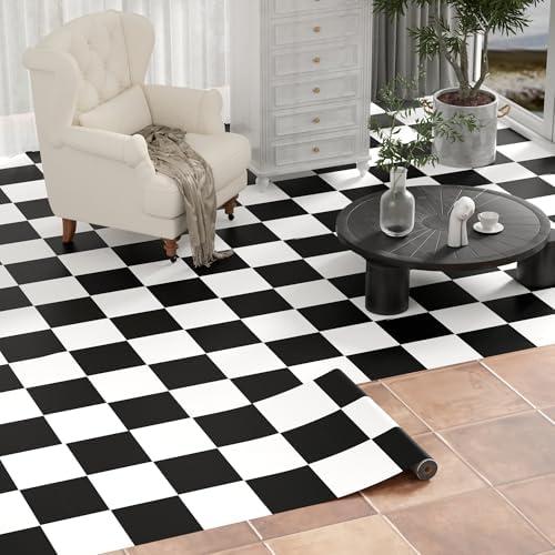 Oxdigi Peel and Stick Vinyl Flooring Roll 24"x 196"/ 32 Sq.Ft, Self Adhesive Vinyl Floor Tiles Black and White, Temporary Floor Stickers Waterproof for Living Room Bedroom Kitchen RV