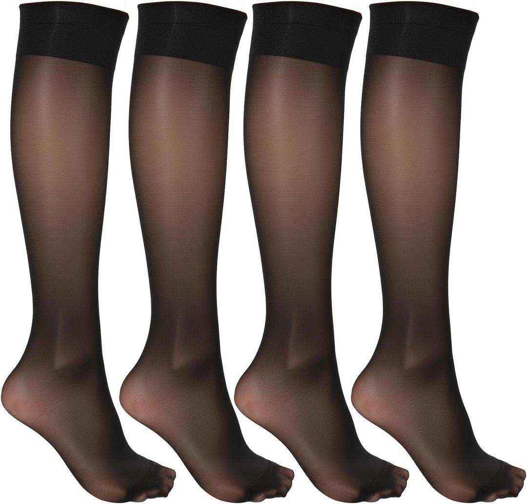 Yolev 4 Pairs Sheer Knee High Stockings for Womenblack Nylon Knee High Socks with Reinforced Toe (One Size)