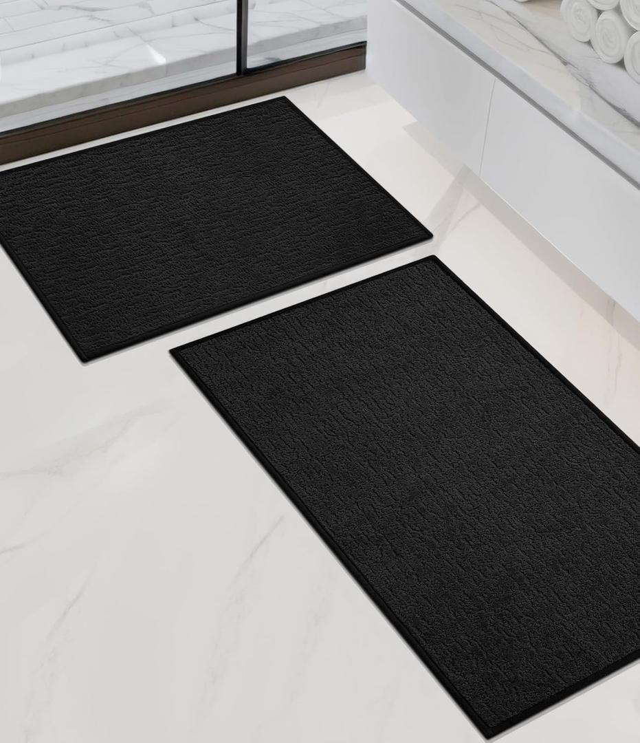 Chakme 2 Piece Bathroom Rug Sets, Ultra Thin Bath Mat, Absorbent, Non Slip, Machine Washable, Black, 17" x 24" / 17" x 30" / 17" x 59"