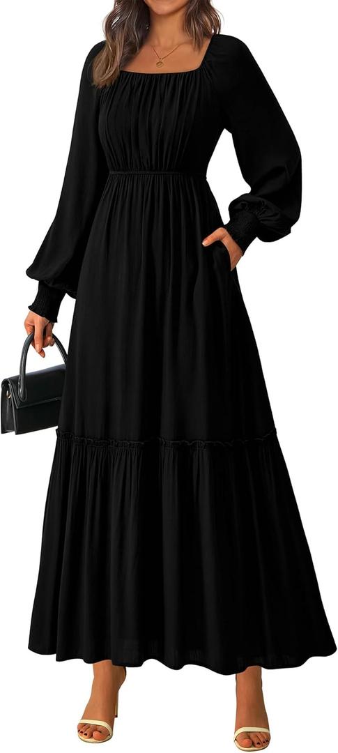 KIRUNDO Casual Fall Dresses for Women 2026 Flowy Long Sleeve Maxi Dress Smocked Empire Waist Square Neck Wedding Party, Medium