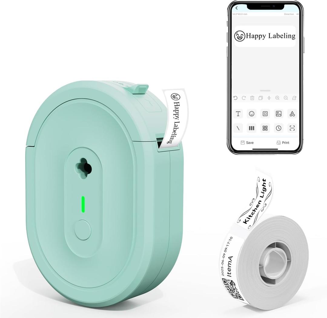 Label Maker Machine with Tape, Portable Bluetooth Label Makers, Inkless Mini Printer Impresora de Etiquetas Multiple Templates for Home School Office Kitchen, Green
