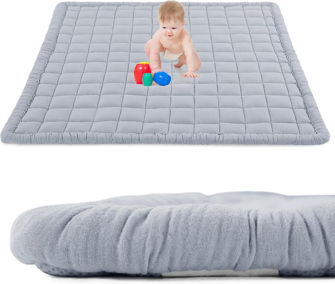 BALAPET 100% Cotton Muslin 71x59 Play Mat for Playpen, Soft Baby Playpen Mat for Kids Toddler Crawling and Play, Non-Slip and Washable Playmat, Grey