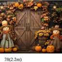 Kate 7x5ft Backyard Wooden Door Pumpkin Decor Photo Backdrops for Photography Autumn Leaves Flowers Puppet Figurine Halloween Photography Background