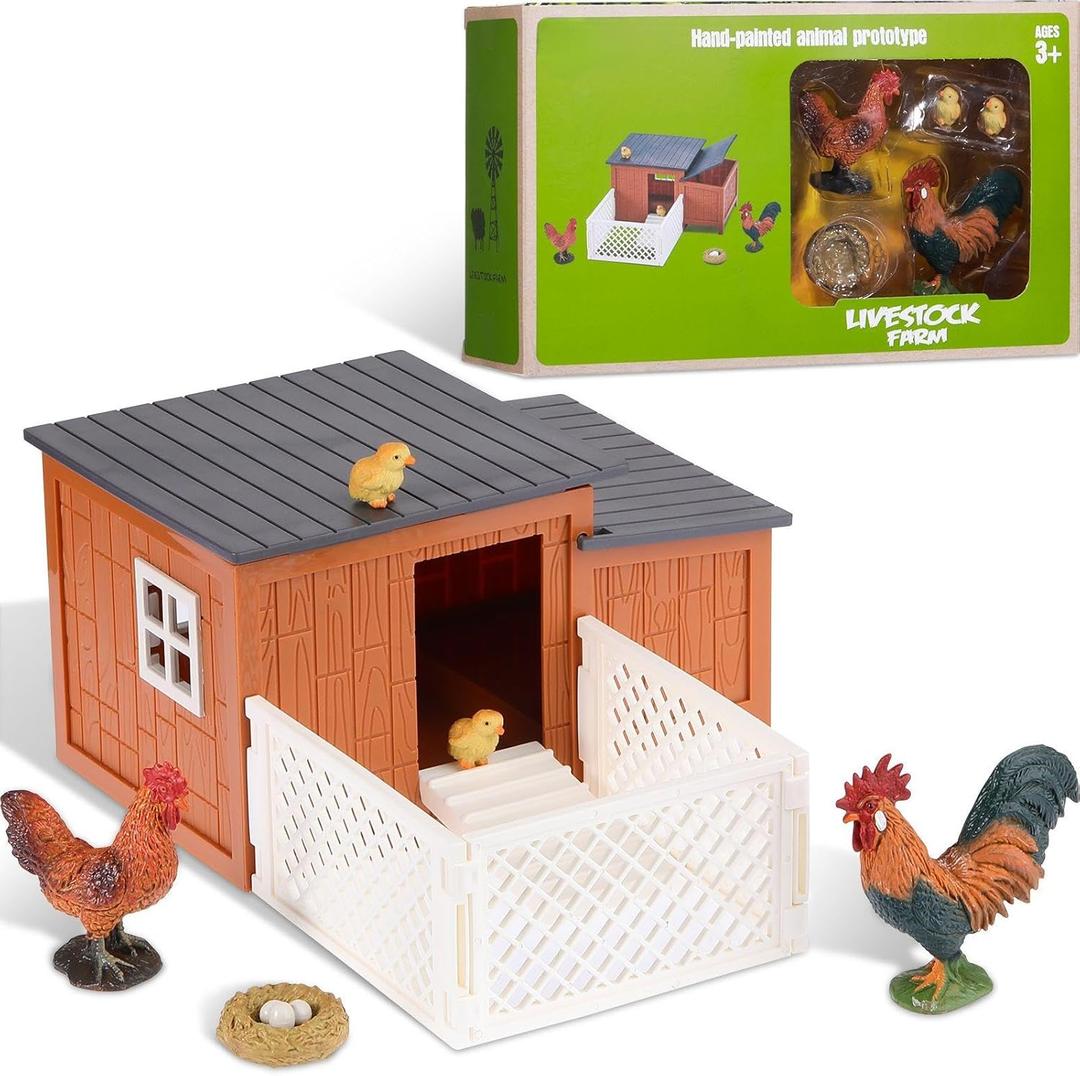 Skylety 8 Pieces Easter Chicken Figurine Chicken Model Playset Farm Action Figures Fences Around Building Blocks Farm Coop Set Birthday Party Present Animal Christmas Easter Gift