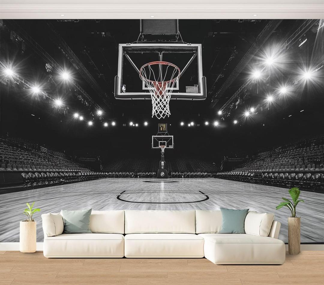 Basketball Court Sports Black and White Hoop Stadium Lights Empty Wall Mural Peel & Stick Wallpaper Removable Self-Adhesive Large Wall Sticker Wall Decor for Boys Room Bedroom Nursery 100"x144"