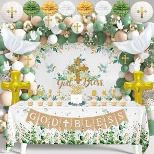 Baptism Decorations Bautizo Decorations - 117 Pcs Mi Bautizo Party Supplies First Communion Decor Boys Girls Baby Shower Christening Decorations God Bless Backdrop Tablecloth Banner Balloons Garland