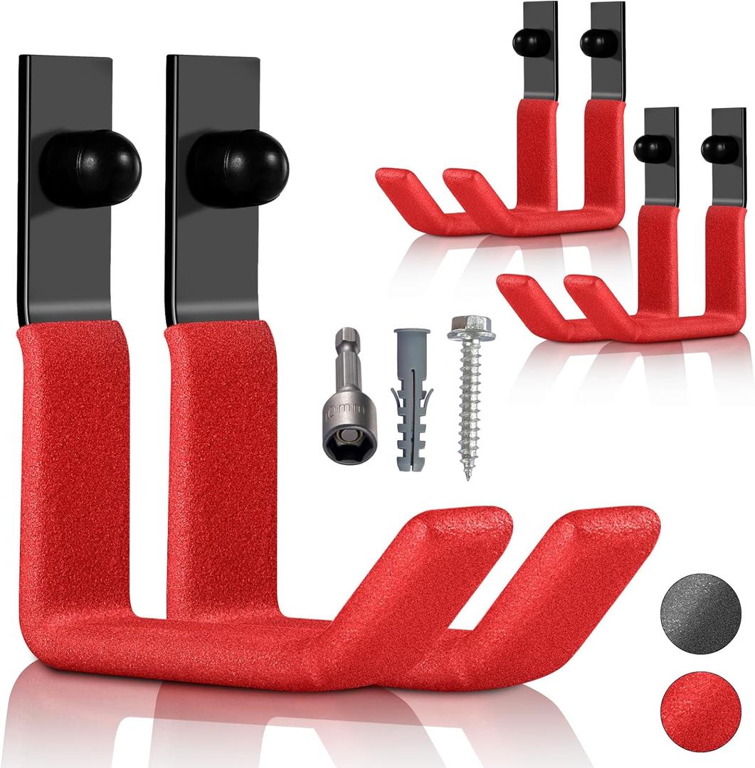 Garage Hooks Heavy Duty Wall Hooks, Ladder Hooks for Garage Wall Hooks, Steel 4 Inch Ladder Hanger, Metal Garage Storage Hooks for Hanging Garden Tool Holder Wall Mount J Utility Hooks, 50lbs (3 3/4"98mm, 6 PACKRed)