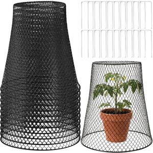 Therwen 10 Pcs Large Plant Wire Cloche 11 x 12 Inch Metal Garden Cloche with Garden Stakes Plant Protector from Animals for Keeping Bunnies Chicken Squirrels Birds (Black)
