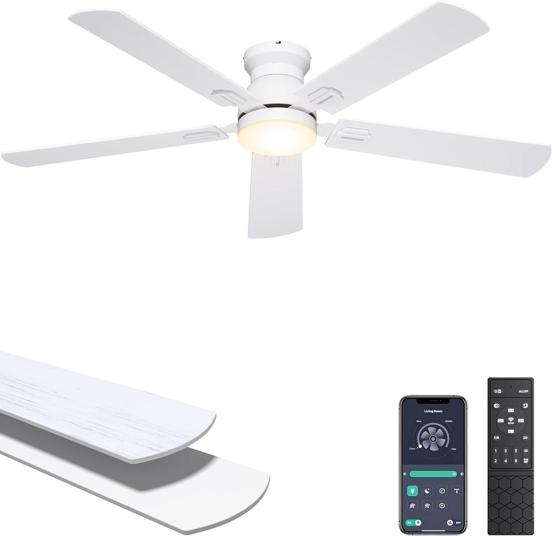 Ohniyou Ceiling Fans with Lights, 52 Inch Low Profile Ceiling Fan with Light and Remote/APP Control, Flush Mount, Dimmable, Qiuet DC Motor, White Ceiling Fan for Bedroom, Living Room