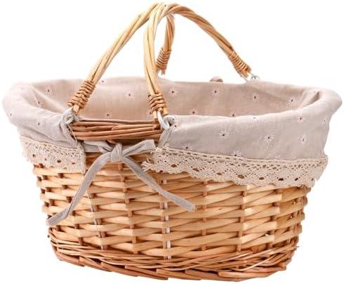 Peohud Wicker Picnic Basket, Woven Empty Easter Basket for Gifts, Picnic Hamper with Double Folding Handles, Willow Garden Harvest Basket with Linen for Candy, Egg Gathering, Toys, Wedding